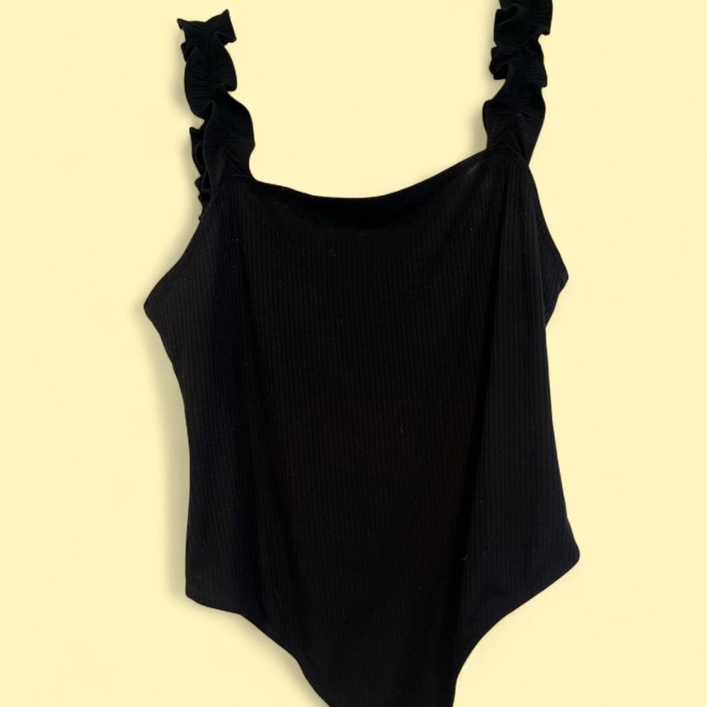 Black Ruffled Strap Bodysuit